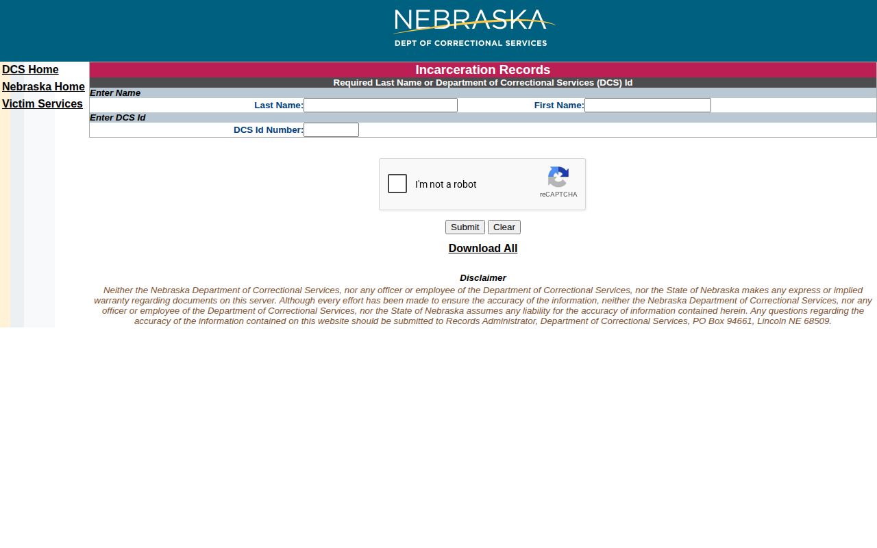 Thomas County state custody record search through Nebraska Department of Correctional Services