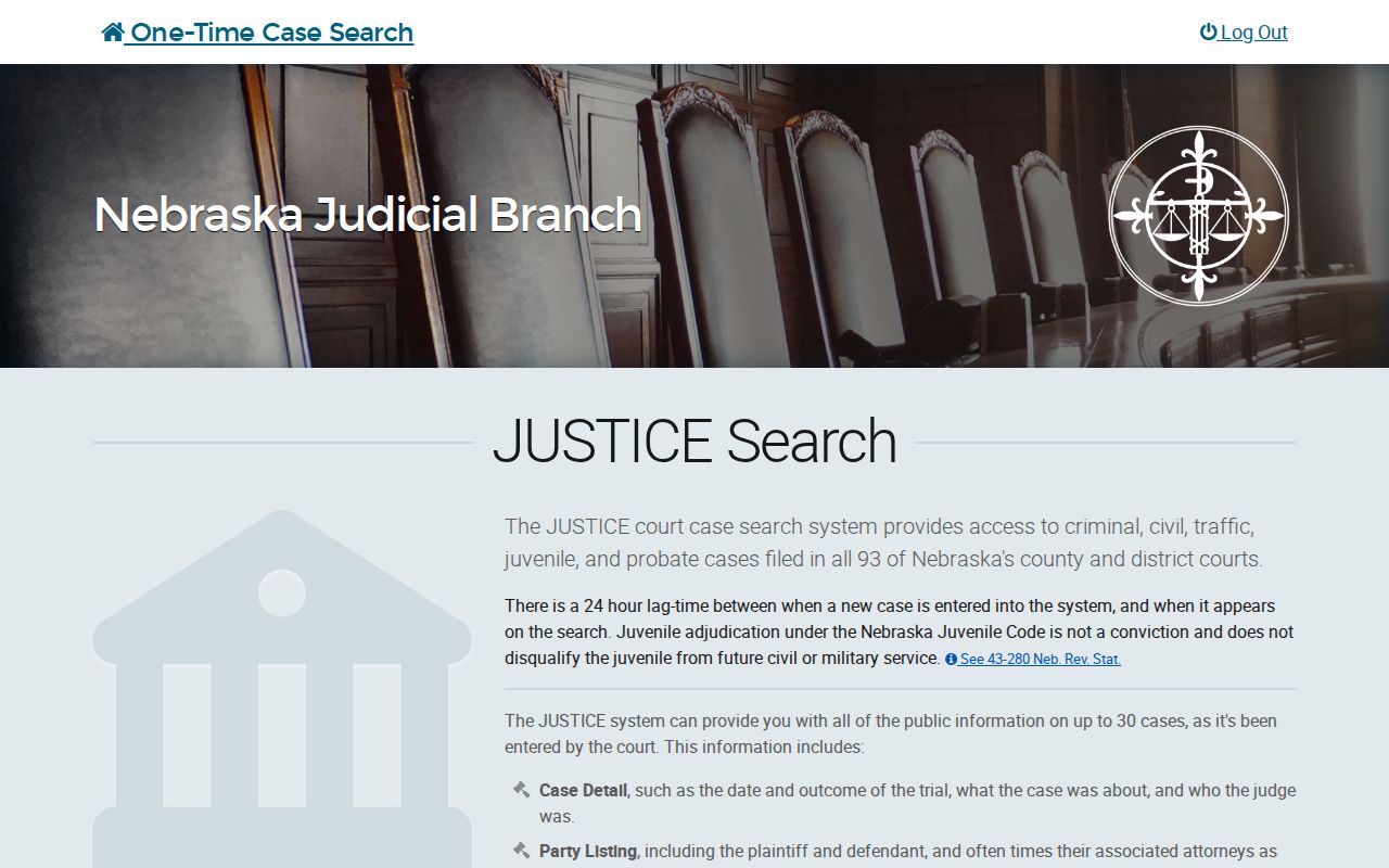 Thomas County warrant case search through the Nebraska JUSTICE interface